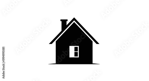 Simple black silhouette of a house with a chimney and window