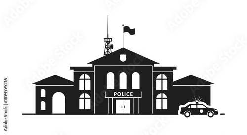 Black and white illustration of a police station with a patrol car