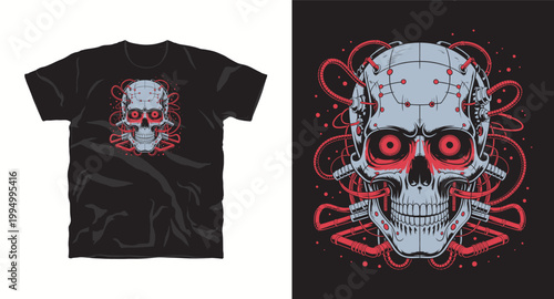 Cyberpunk robotic skull with red eyes and tubes graphic t-shirt design.