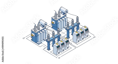 Isometric Illustration of Electrical Power Substation with High-Voltage Transformers and Control Units for Industrial Energy Infrastructure