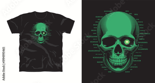 Green binary code skull t-shirt design digital concept.