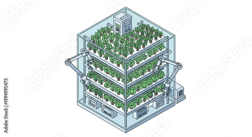 Automated Vertical Farming System with Robotic Arms Isometric Illustration. Smart Agriculture and Sustainable Food Technology Concept.
