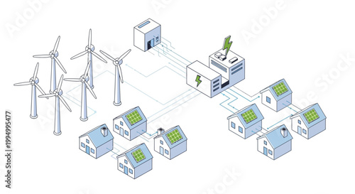 Isometric Illustration of a Renewable Energy Smart Grid System with Wind Turbines, Solar Panel Houses, and Power Station Infrastructure for Sustainable Clean Energy Concepts