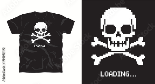 Pixel art skull and crossbones loading bar t-shirt design.