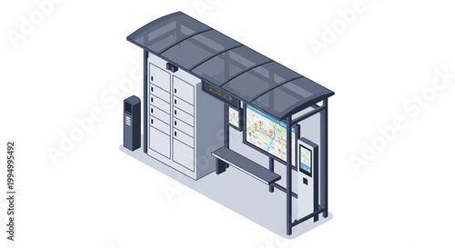 Isometric Smart Bus Stop Illustration with Integrated Parcel Lockers and Digital Information Displays for Urban Infrastructure