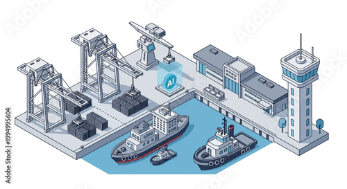 AI Integrated Smart Port Logistics Isometric Illustration with Automated Cargo Ships and Container Terminal
