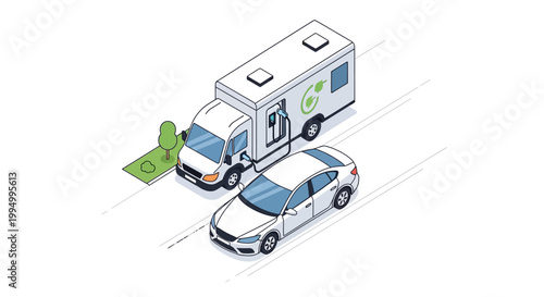 Isometric Mobile EV Charging Truck Recharging an Electric Car on the Road; Portable Emergency Power Station for Sustainable Transportation and Clean Energy Logistics