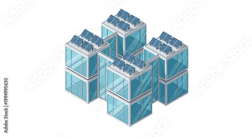 Modern Isometric Sustainable Building with Solar Panels on Roof, Eco-Friendly Modular Green Architecture 3D Illustration on White Background