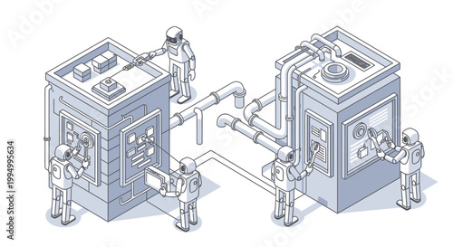 Isometric Line Art Illustration of Robots Performing Industrial Maintenance and Repair on Factory Machinery