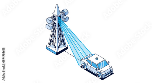 Isometric 5G Network Tower Connecting to Autonomous Smart Car, V2X Wireless Technology and IoT Connectivity Concept Illustration on White Background