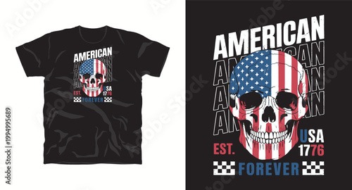 American forever skull t-shirt design with usa flag pattern and vintage typography.