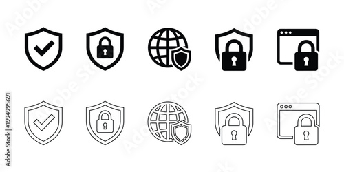 Safe Browsing Solid Icons Set. Web Security, safe browsing, web security, protection, security shield, privacy icon, secure access