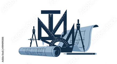 Architectural tools including a compass ruler and rolled blueprints