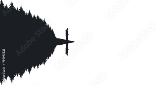 A solitary figure stands before a dark forested hillside with reflection