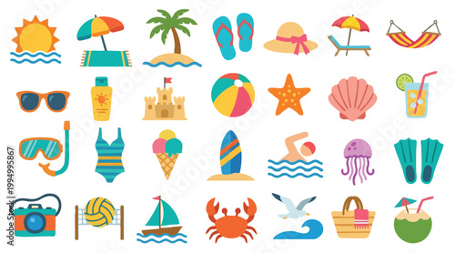 Fotografía Summer beach flat icon set tropical seaside elements ocean vacation objects colo