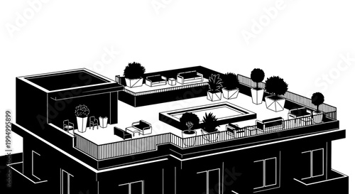 Rooftop terrace with swimming pool lounge areas and architectural details