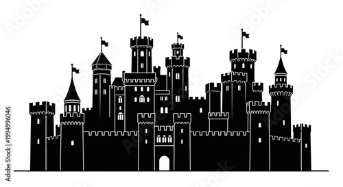 A detailed black silhouette of a medieval castle with multiple towers