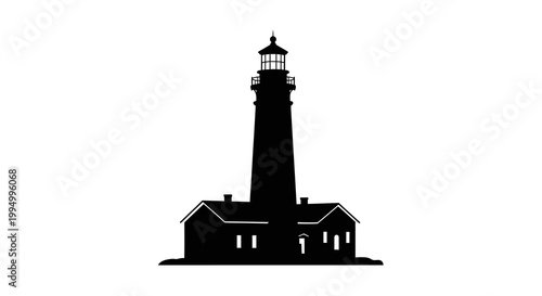 A stark black silhouette of a lighthouse and keeper s cottage