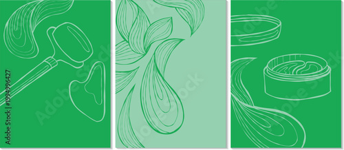 Poster vector set collection facial skin care green background with abstract, flowing lines depicts a facial massage roller, gua sha, and a cosmetic jar of patches. Skincare and wellness theme