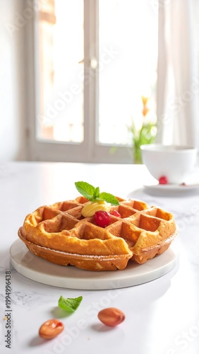 Delicious waffles with strawberries and mint.
