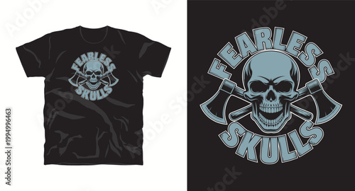 Fearless skulls t-shirt design with crossed hatchets and open mouth skull.