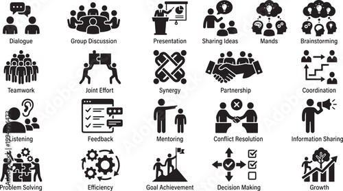 Business teamwork collaboration and communication icon set