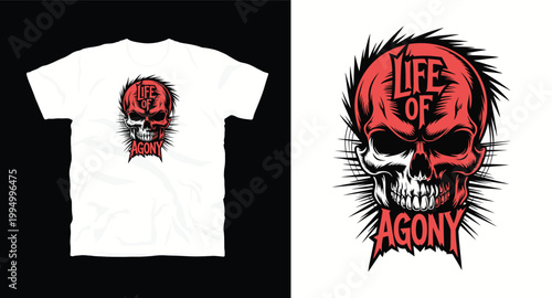 Distressed skull with text life of agony for t-shirt design, scary t-shirt graphic.