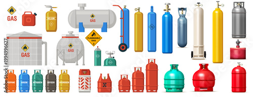 Gas Cylinder and Industrial Tank Collection: LPG Bottles, Oxygen Canisters, Fuel Storage Tanks, and Propane Equipment Vector Illustration Set for Energy and Industry