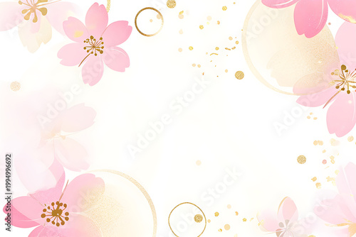 Cherry blossom flower frame with golden circle element on white background. Abstract floral template with botanical petal design. Decorative border for greeting card invitation gift.