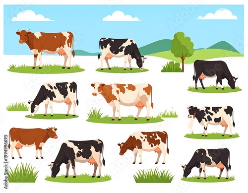 Cows grazing in a green landscape.
