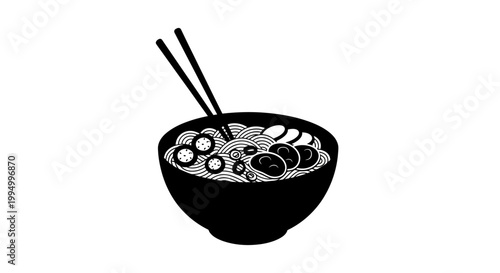 A black and white illustration of a bowl of ramen with chopsticks