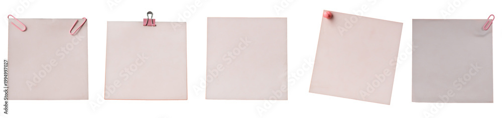 Fototapeta premium 5-in-1 collage blank paper sheets with clips and pins arranged in different positions isolated on white background. Concept of design, mockup, office, stationery, branding, advertising, commercial use