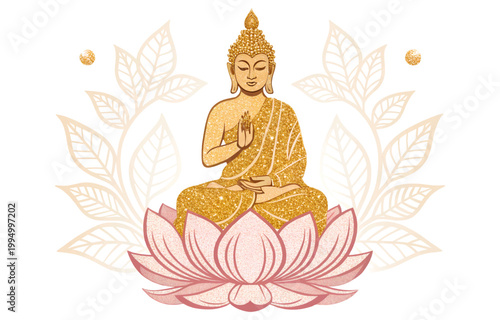 Vector illustration of buddha on lotus with decorated gold glitter	