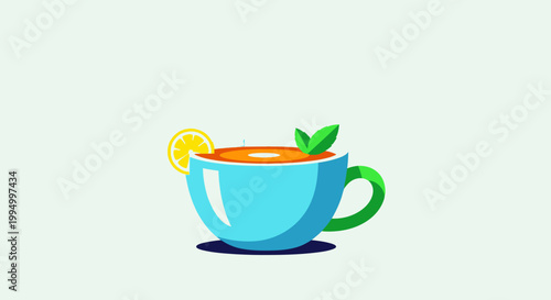A vibrant illustration of hot tea in a blue ceramic mug