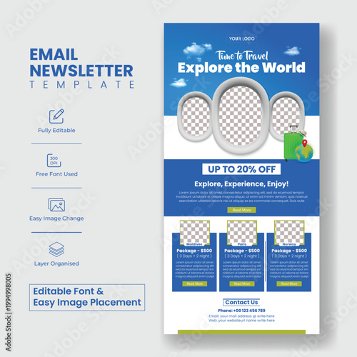 Travel Email Newsletter Template Design for Travel Blog Website Template and Tourism Agency Landing Page UI Design, travle flight and online hotel booking website mobile app UI Interface Design Kit