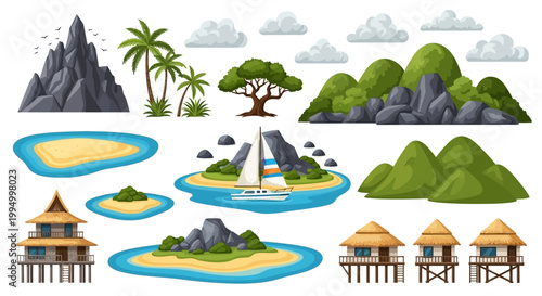 Tropical island, beach, palm tree, hut vector icons, 12 elements