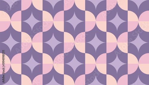 Seamless mid-century modern geometric pattern with purple and pink circles, abstract retro vector background.