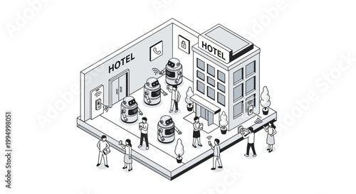 Isometric Illustration of a Smart Hotel with Service Robots and Digital Contactless Guest Check-in