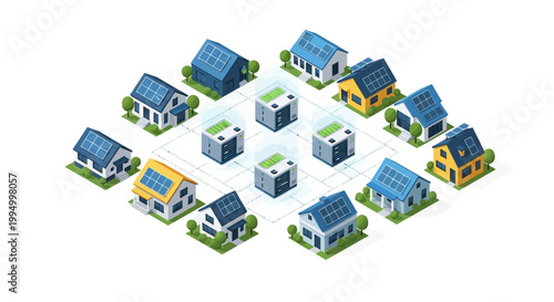 Isometric Smart Neighborhood with Solar Panels and Central Energy Storage Battery Grid. Sustainable Green Energy Concept for Residential Houses on White Background.