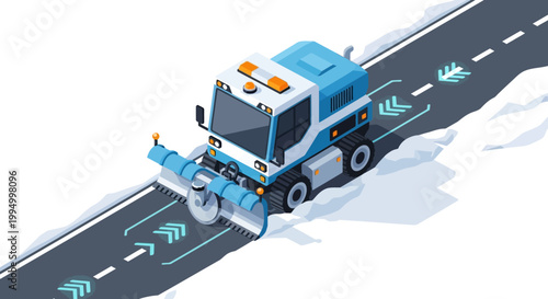 Isometric Autonomous Snowplow Clearing Road - Futuristic Robotic Snow Removal Vehicle and Smart City Infrastructure Vector