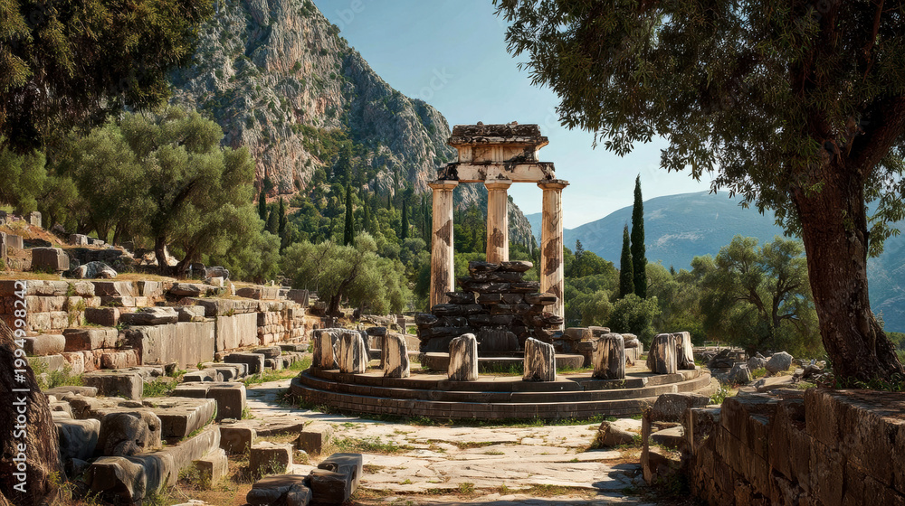 Fototapeta premium Ancient Greek ruins of the Temple of Apollo at Delphi surrounded by olive trees and mountains under a clear blue sky in a historical archaeological site
