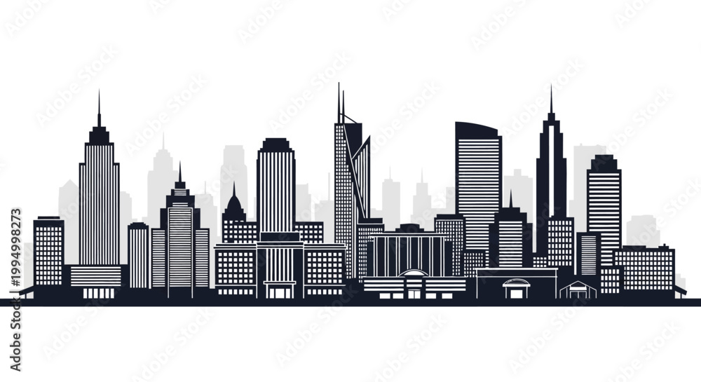 Obraz premium A monochrome skyline illustration featuring various modern skyscrapers