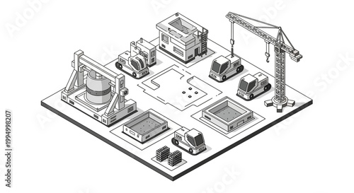 Isometric Line Art Illustration of an Automated Construction Site with Cranes, Industrial Robots, and Smart Building Technology for Modern Civil Engineering Projects