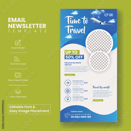 Modern Travel Agency Email Newsletter Template and Tourism Website Landing Page UI Kit for Vacation Booking Luxury Travel Adventure Holiday Promotion Responsive Web Design Layout