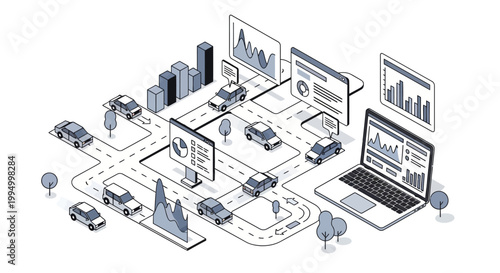 Isometric Smart City Traffic Management and Logistics Data Analytics Illustration