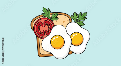 A cartoon illustration of toast with fried eggs and a tomato slice