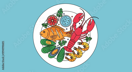 A colorful plate featuring a variety of seafood and fresh produce