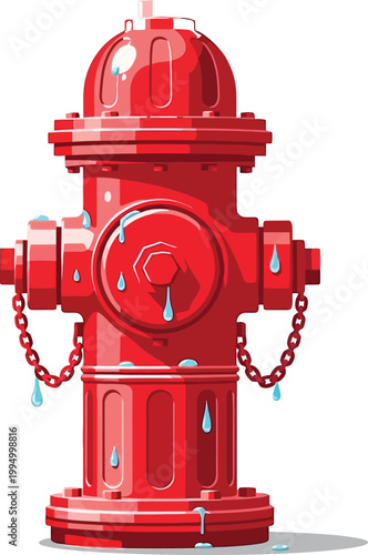 Bright red fire hydrant with water droplets and chains on transparent background symbolic of safety emergency services and water supply.