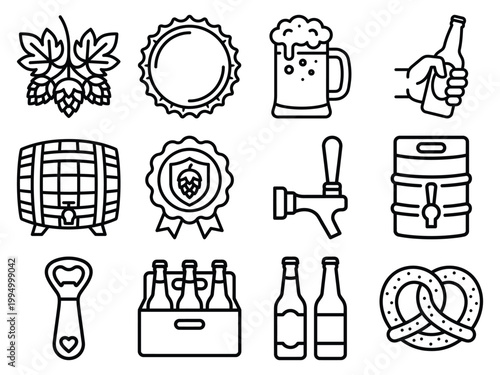 Beer and brewing icons set with craft beer bottle opener six pack bar menu beverage celebration refreshment