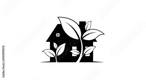 A black and white logo featuring a house integrated with leafy branches